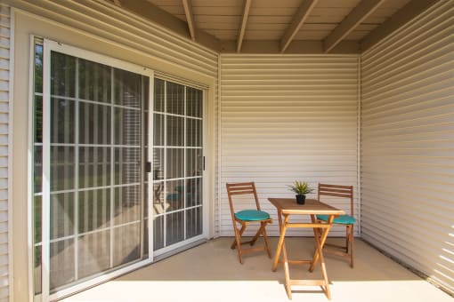 This is a photo of the patio of the 1100 square foot 2 bedroom Kettering floor plan at Washington Park Apartments in Centerville, OH.