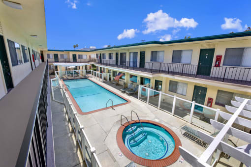 a view of the pool at Olive Tree Apartments, Torrance, CA
