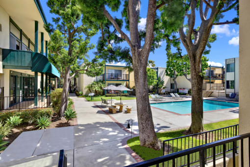 swimming pool and patio at Copa Ladeene Apartments, Torrance, CA