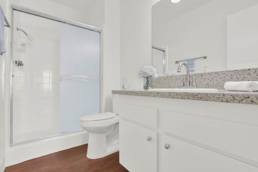 a bathroom with a sink and a toilet and a shower at Copa Ladeene Apartments, Torrance, CA 90505