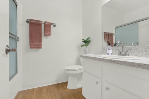 a bathroom with a sink and a toilet and a mirror at Copa Triana Apartments, Torrance California