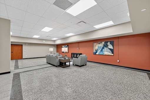 A spacious room with grey carpet and orange walls.