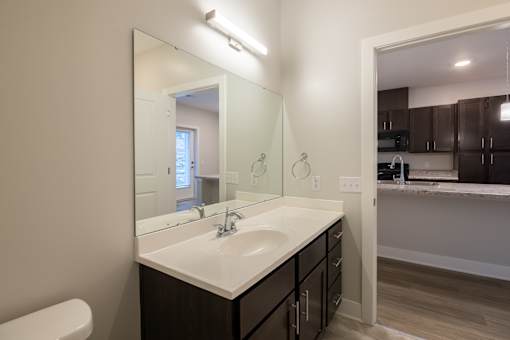 A bathroom with a white sink and a large mirror.