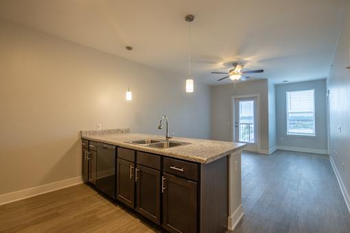 A kitchen with a sink and a window.