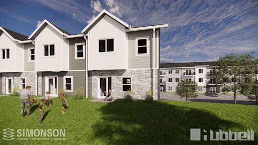 A Simonson company logo is on a rendering of a residential building. at Callaway at Holland Pointe Apartments, Norwalk, IA, 50211