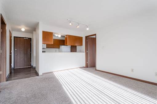 A room with a white wall and a brown door at Rosemont Place Apartments, Iowa