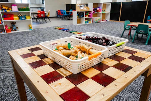 A table with a checkerboard pattern and two baskets of food on it at Sutton Hill Apartments, Des Moines