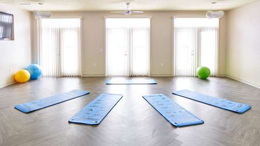 A yoga studio with blue mats and exercise balls at Velocity Apartments, Des Moines, IA, 50309
