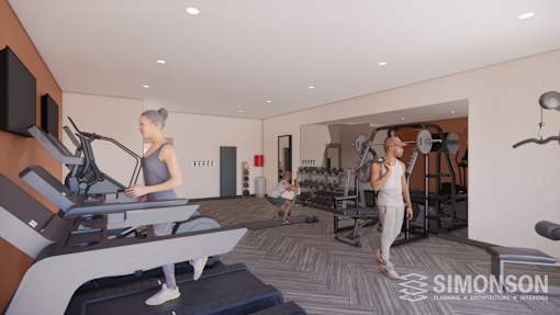 A woman is running on a treadmill in a gym with a child and another woman working out in the background.