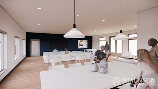 A modern living room with people sitting and standing around a dining table.