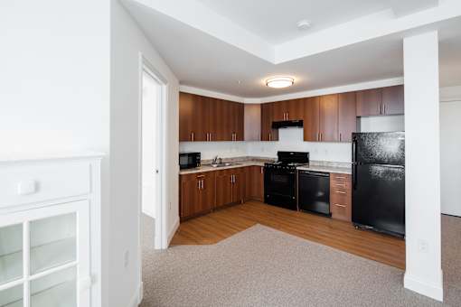 A kitchen with black appliances and wooden cabinets.