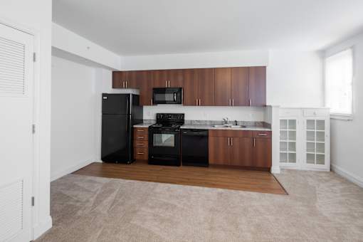 A kitchen with black appliances and wooden cabinets.