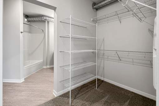 Empty walk-in closet with shelves and a doorway leading to another room.