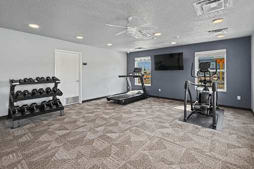 A spacious gym with a variety of equipment including dumbbells, a treadmill, and a weight bench.