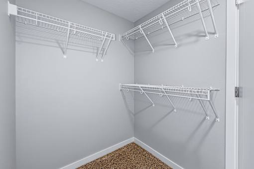 A white closet with two shelves and a carpeted floor.