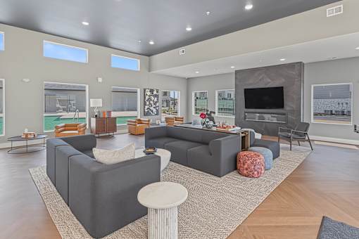 A modern living room with a grey sofa and a grey rug.