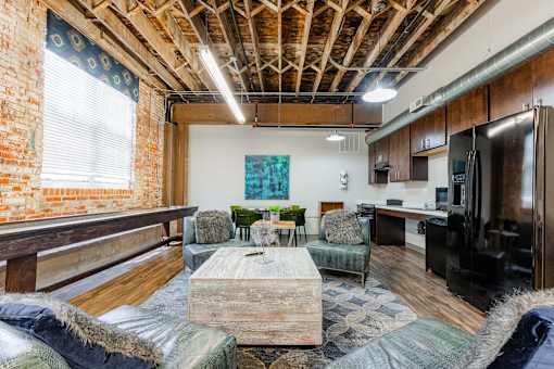 A room with a wooden ceiling at Spaulding Lofts Apartments, Grinnell, Iowa