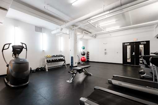 A gym with a treadmill, weights, and exercise equipment.