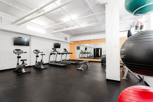 A gym with a variety of equipment including a rowing machine.