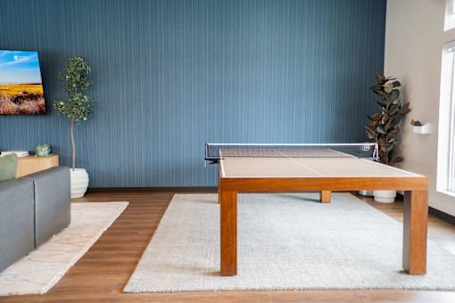 A table is in the middle of a room with a grey couch and a white rug.