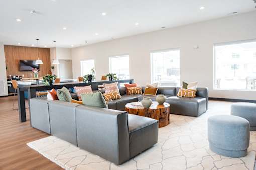 A modern living room with grey sofas and a wooden floor.