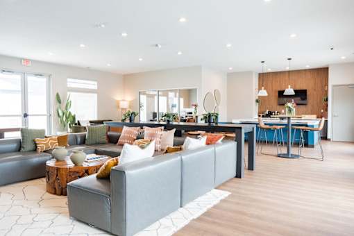 A modern living room with a grey sofa and a wooden coffee table.