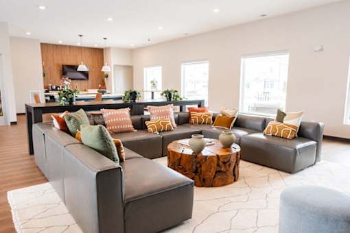 A living room with a grey couch and a coffee table.