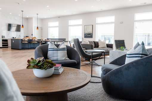 a living room with couches and chairs and a table with a plant at Converge NW, Waukee  