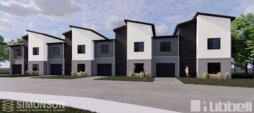 a group of white and black houses with black doors at Rialto Townhomes Apartments, Waukee, IA, 50263