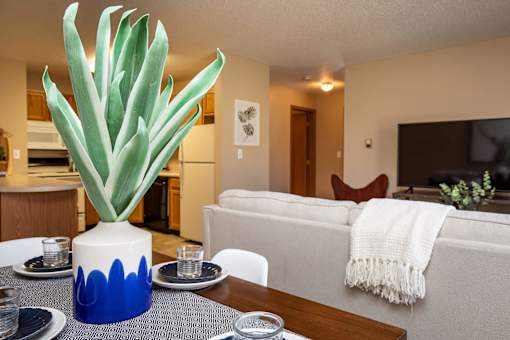 a living room with a couch and a table with a plant at Lake Shore Park, Ankeny, IA 50021