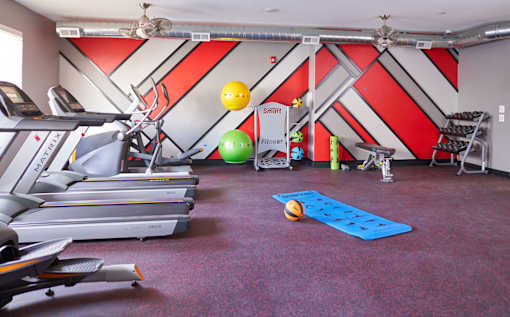 a gym with treadmills and other exercise equipment on the floor and a ball at Vue Apartments, Des Moines, Iowa