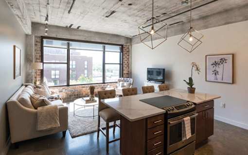 Living Room Come Kitchen View at Clemens Building, Des Moines, IA