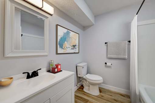 A white toilet sits in a bathroom next to a sink and a shower at The Hampton Meadows Apartments, Des Moines, IA