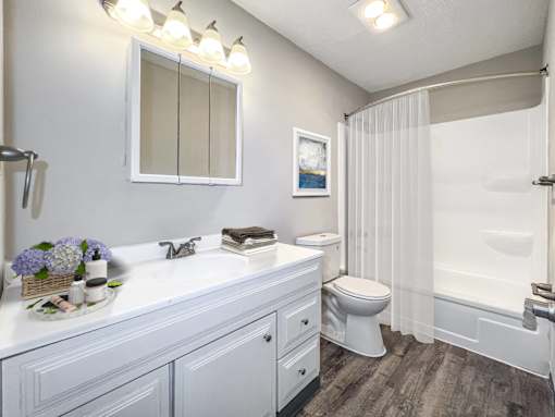 A white bathroom with a toilet, sink, and shower at The Ridges Apartments, Des Moines, IA