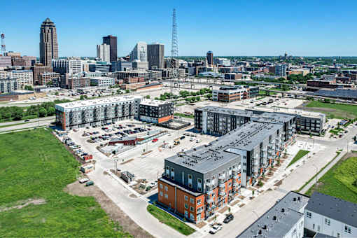 an aerial view of a development in the city at Linc, Des Moines Iowa   
