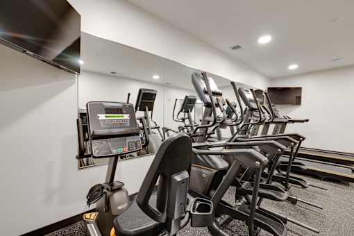 A row of treadmills and exercise bikes in a gym.