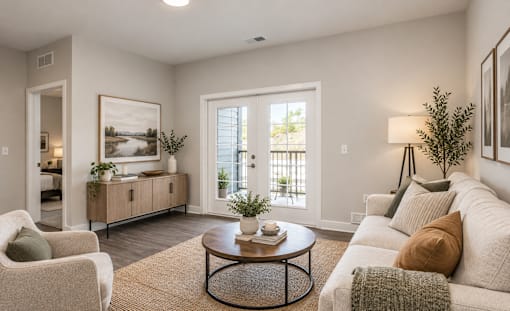 A living room with a white couch, a coffee table, and a painting on the wall.
