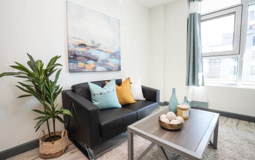a living room with a couch and a coffee table