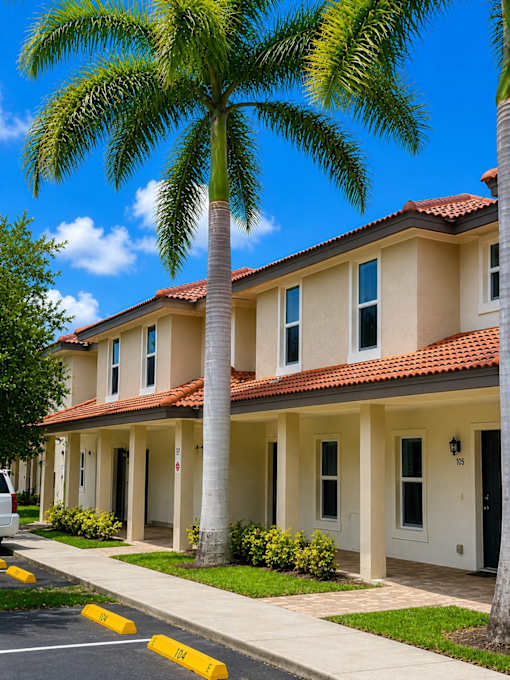 A row of houses with a palm tree in front.