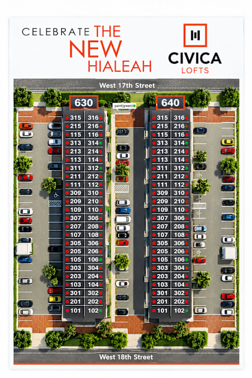 A poster advertising the Civica Lofts, a new Hialeah development, with a parking map.