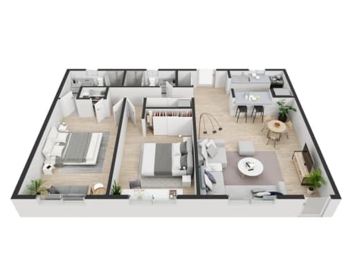 3d floor plan of a house with bedrooms and a living room
