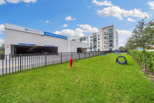 A grassy area with a fire hydrant in front of a building