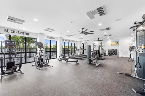 The gym is equipped with state of the art equipment including cardio machines and weights