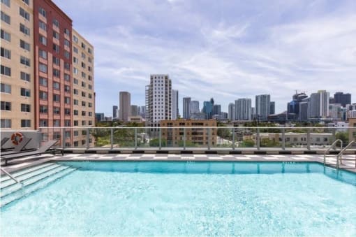 a pool on the roof of a building with a city in the background