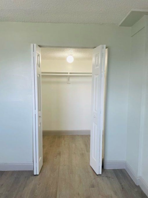 an empty room with a door open to a closet