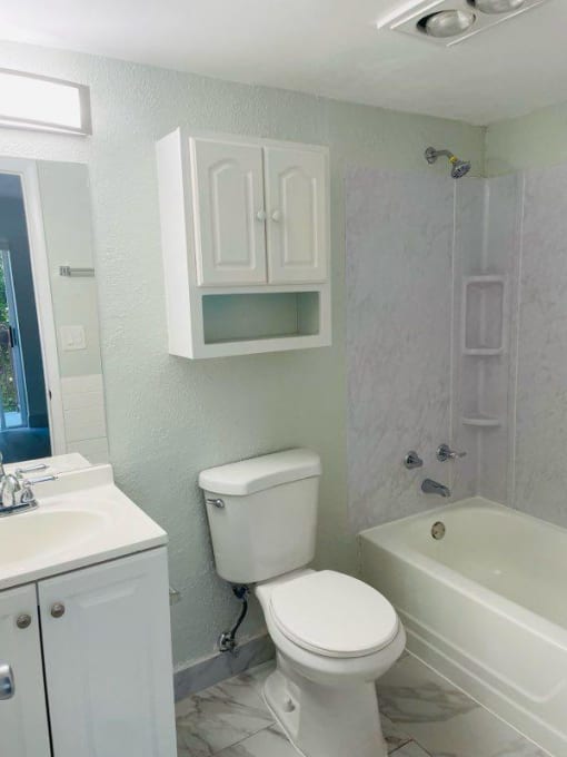 a bathroom with a toilet and a tub and a sink