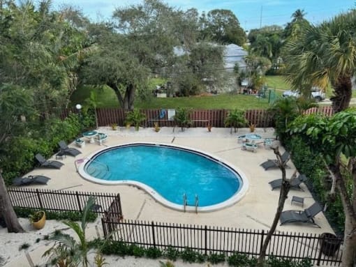 an aerial view of a swimming pool