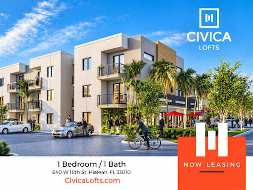 A Civica Lofts building with a leasing advertisement for a 1 Bedroom/1 Bath unit.