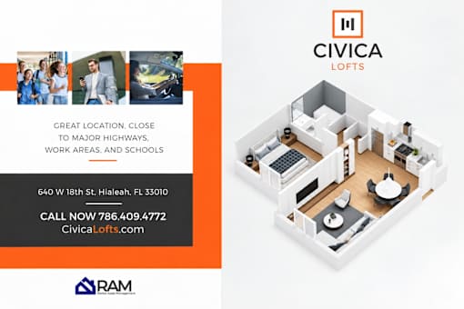 An advertisement for Civica Lofts, a residential area with a floor plan and contact information.