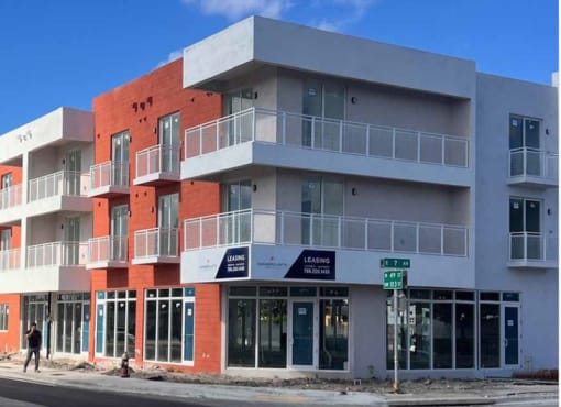 a building on the corner of a city street